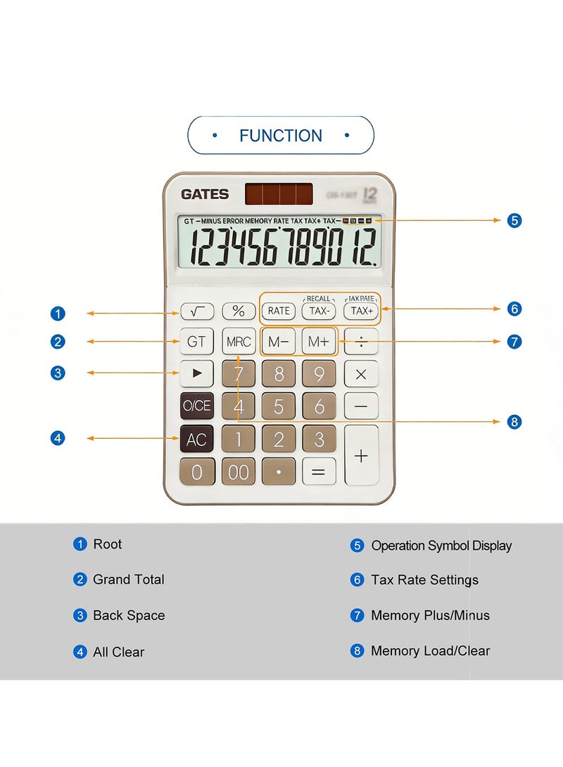 Gates Office Calculator Desktop, Colorful Desktop 12-Digit Calculator with Bright LCD Display - Dual Power  (Solar &Battery) Anti-Slip Design for Financial Accounting Business Use, Office, and High School - Image 4